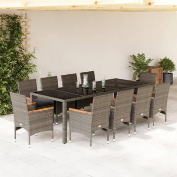 ARDEBO.de - 11-tlg. Garten-Essgruppe mit Kissen Grau Poly Rattan Glas