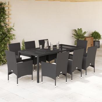 ARDEBO.de - 9-tlg. Garten-Essgruppe mit Kissen Schwarz Poly Rattan und Glas