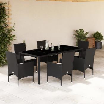 ARDEBO.de - 7-tlg. Garten-Essgruppe mit Kissen Schwarz Poly Rattan Glas