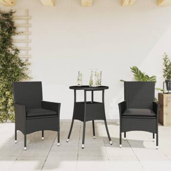 ARDEBO.de - 3-tlg. Garten-Essgruppe mit Kissen Schwarz Poly Rattan Glas