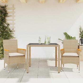 ARDEBO.de - 3-tlg. Garten-Essgruppe mit Kissen Beige Poly Rattan und Glas