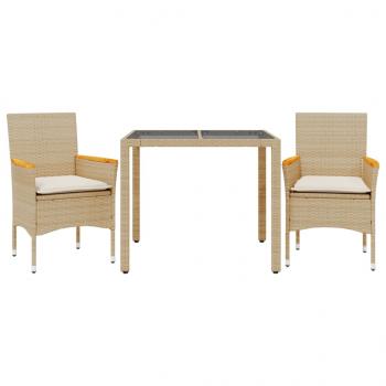 3-tlg. Garten-Essgruppe mit Kissen Beige Poly Rattan und Glas