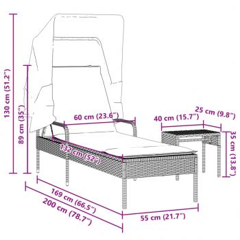 Sonnenliege mit Dach und Tisch Braun Poly Rattan