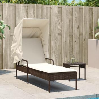 Sonnenliege mit Dach und Tisch Braun Poly Rattan