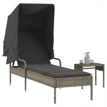 ARDEBO.de - Sonnenliege mit Dach und Tisch Grau Poly Rattan