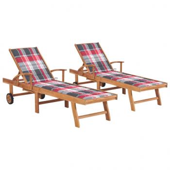 ARDEBO.de - Sonnenliegen 2 Stk. Auflagen Rotes Karomuster Massivholz Teak