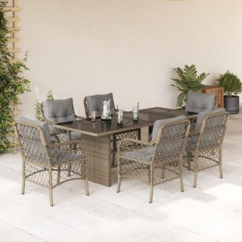 ARDEBO.de - 7-tlg. Garten-Essgruppe mit Kissen Beigemischung Poly Rattan