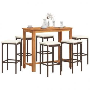 ARDEBO.de - 7-tlg. Gartenbar-Set Braun Massivholz Akazie und Poly Rattan