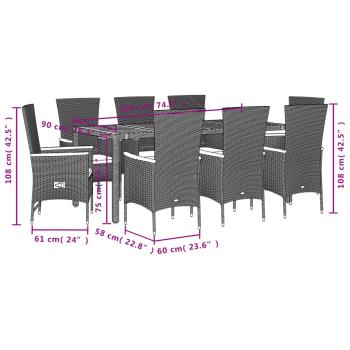 9-tlg. Garten-Essgruppe mit Kissen Schwarz Poly Rattan