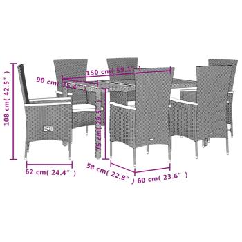 7-tlg. Garten-Essgruppe mit Kissen Schwarz Poly Rattan