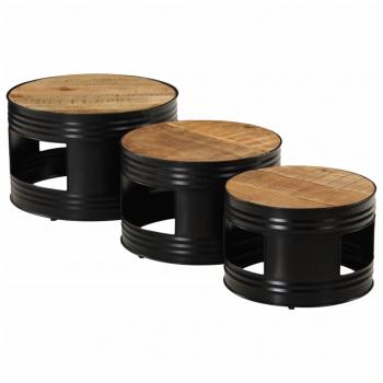 Beistelltische Fass-Design 3 Stk. Raues Massivholz Mango
