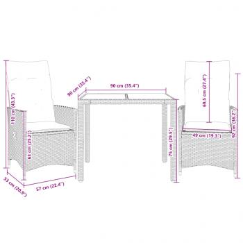 3-tlg. Bistro-Set mit Kissen Braun Poly Rattan