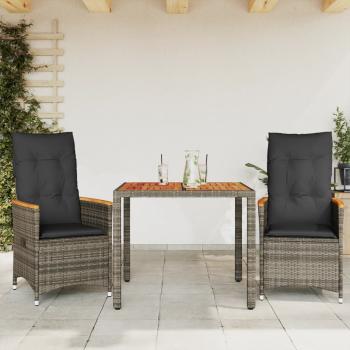 ARDEBO.de - 3-tlg. Bistro-Set mit Kissen Grau Poly Rattan