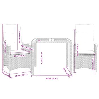3-tlg. Bistro-Set mit Kissen Grau Poly Rattan