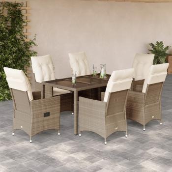 ARDEBO.de - 7-tlg. Garten-Essgruppe mit Kissen Beige Poly Rattan