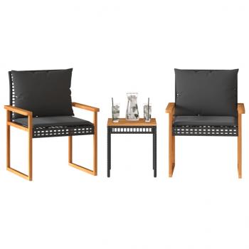 ARDEBO.de - 3-tlg. Bistro-Set mit Kissen Schwarz Poly Rattan Akazienholz