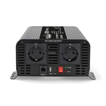 Power Inverter reine Sinus-Wellen | Eingangsspannung: 24 V DC | Geräteausgangsanschluss: Type F (CEE 7/3) / USB-A / 1x USB-C? | 230 V AC 50 Hz | 1000 W | Spitzenleistung: 2000 W | Schraubklemme | Reine Sinuswelle | Düse | Schwarz