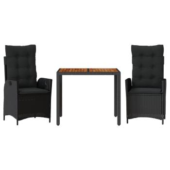 3-tlg. Garten-Essgruppe mit Kissen Schwarz Poly Rattan