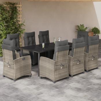 ARDEBO.de - 9-tlg. Garten-Essgruppe mit Kissen Hellgrau Poly Rattan