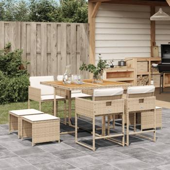 ARDEBO.de - 9-tlg. Garten-Essgruppe mit Kissen Beige Poly Rattan