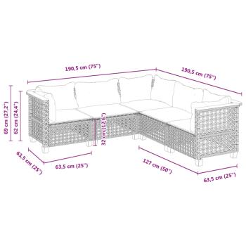 5-tlg. Garten-Sofagarnitur mit Kissen Grau Poly Rattan