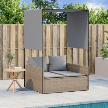 ARDEBO.de - Doppel-Sonnenliege mit Dach und Vorhängen Beige Poly Rattan