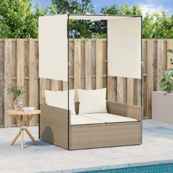 ARDEBO.de - Doppel-Sonnenliege mit Dach und Vorhängen Beige Poly Rattan