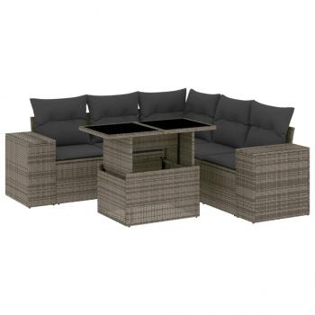 6-tlg. Garten-Sofagarnitur mit Kissen Grau Poly Rattan