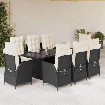 ARDEBO.de - 9-tlg. Garten-Essgruppe mit Kissen Schwarz Poly Rattan