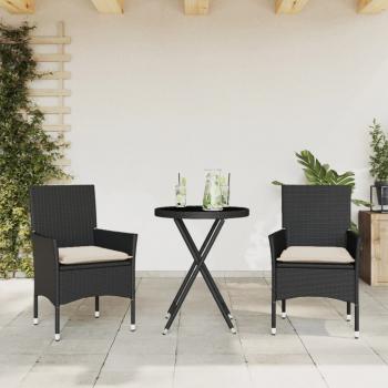 ARDEBO.de - 3-tlg. Bistro-Set mit Kissen Schwarz Poly Rattan und Glas