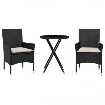 3-tlg. Bistro-Set mit Kissen Schwarz Poly Rattan und Glas