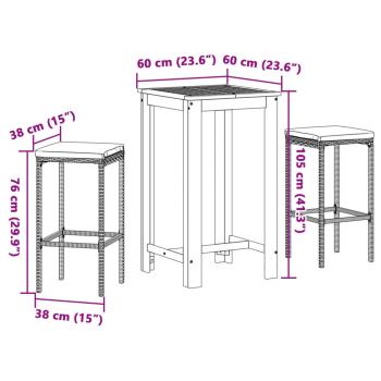 3-tlg. Gartenbar-Set Grau Massivholz Akazie und Poly Rattan