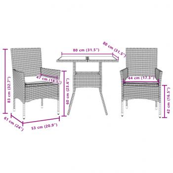 3-tlg. Garten-Essgruppe mit Kissen Schwarz Poly Rattan Akazie