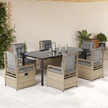 ARDEBO.de - 7-tlg. Garten-Essgruppe mit Kissen Beige Poly Rattan