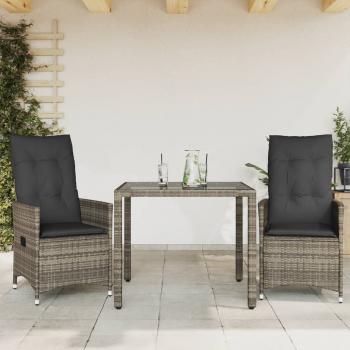 ARDEBO.de - 3-tlg. Bistro-Set mit Kissen Grau Poly Rattan