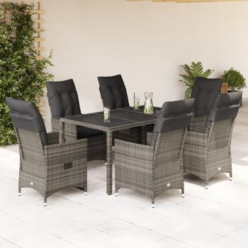 ARDEBO.de - 7-tlg. Garten-Essgruppe mit Kissen Grau Poly Rattan