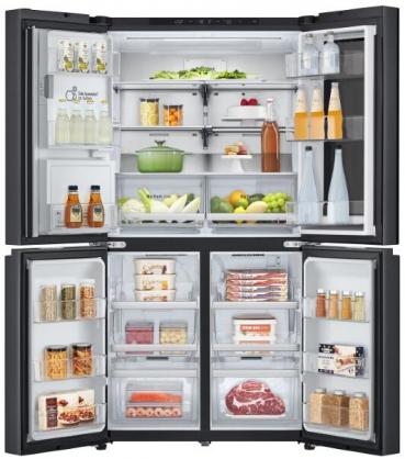 LG GMG960EVJE Stand Side-by-Side Kombination, 91,4 cm breit, 638 L, Total No Frost, Eis-, Crushed Ice- und Wasserspender, ThinQ (WLAN), Festwasseranschluss, Essence Black Steel