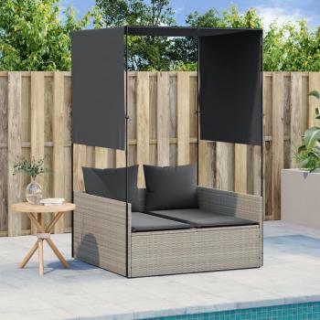 ARDEBO.de - Doppel-Sonnenliege mit Dach und Vorhängen Hellgrau Poly Rattan