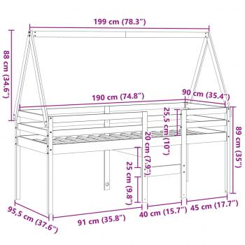 Hochbett mit Dach Wachsbraun 90x190 cm Massivholz Kiefer