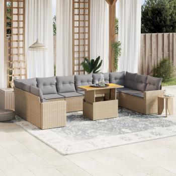 ARDEBO.de - 11-tlg. Garten-Sofagarnitur mit Kissen Beige Poly Rattan