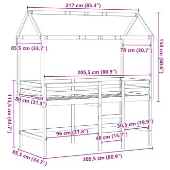 Hochbett mit Leiter und Dach 80x200 cm Massivholz Kiefer