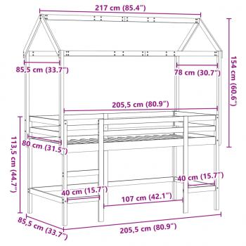 Hochbett mit Leiter und Dach Weiß 80x200 cm Massivholz Kiefer