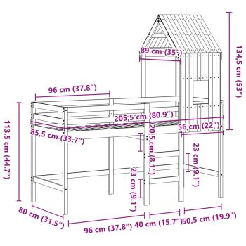 Hochbett mit Leiter und Dach 80x200 cm Massivholz Kiefer