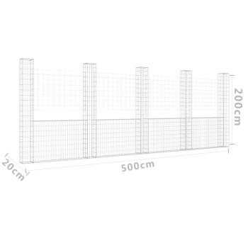 Gabionenkorb U-Form mit 5 Säulen Eisen 500x20x200 cm