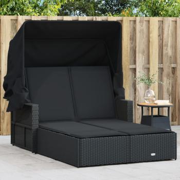 ARDEBO.de - Doppel-Sonnenliege mit Dach und Auflagen Schwarz Poly Rattan