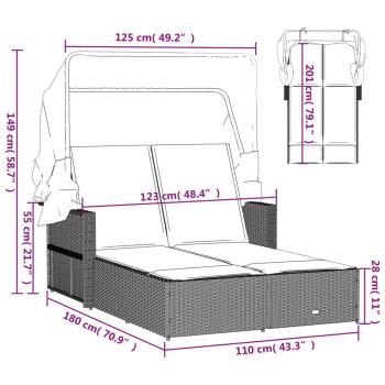 Doppel-Sonnenliege mit Dach und Auflagen Schwarz Poly Rattan *ANGEBOT*