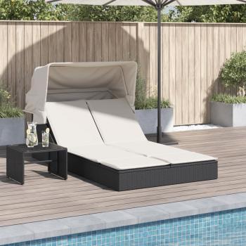 ARDEBO.de - Doppel-Sonnenliege mit Dach und Auflagen Schwarz Poly Rattan