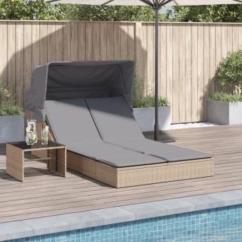 ARDEBO.de - Doppel-Sonnenliege mit Dach und Auflagen Beige Poly Rattan