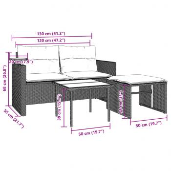 3-tlg. Garten-Sofagarnitur mit Kissen Hellgrau Poly Rattan