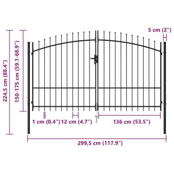Zauntor Doppelflügel mit Speerspitzen Stahl 3 x 1,75 m Schwarz
